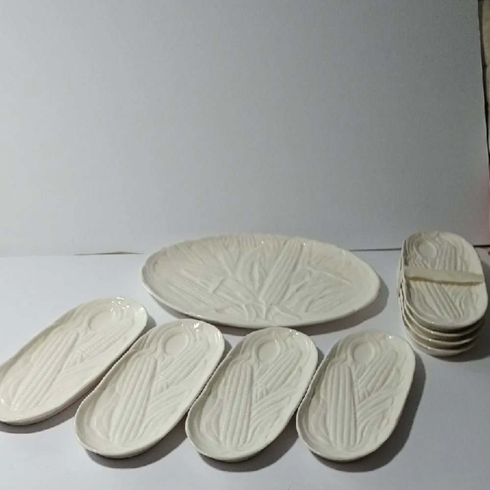 Vintage Made In Czechoslovakia Corn Design Serveware Set - Cream 9 Pieces ( Rare